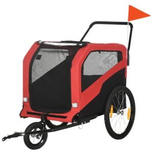2-I-1 hundetrailer til hunde op til 30 kg, foldbar og opbevarbar, fodstøtte med styr, reflekser, sikkerhedsflag, 170 cm x 77 cm x 90 cm, rød