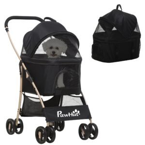 2-I-1 hundevogn og transportkurv op til 10 kg foldbar netkurv med vindue og gulv 82 cm x 49,5 cm x 98 cm sort
