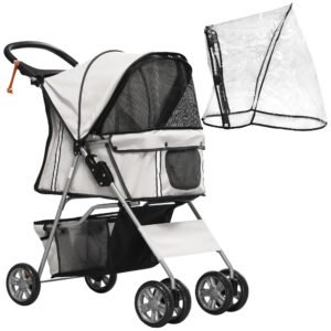 Dog buggy hundevogn op til 10 kg sammenklappelig regnovertræk bundkurv 2 kopholdere 75 cm x 45 cm x 97 cm grå