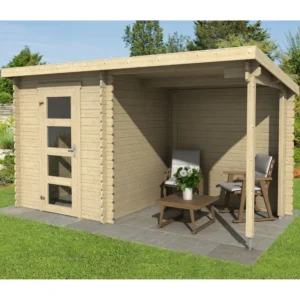 Juelsminde bjælkeskur med 28mm bjælker på 2,9m2 + udhæng 2,9m2 Inkl. selvklæbende tagfolie i grå/alu