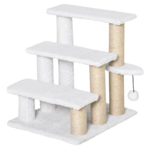 Kattetrappe 3-trins kæledyrstrappe med kradsetræer bold hundetrappe kæledyrstrappe til katte op til 5 kg plysjute hvid 45 x 40 x 48 cm