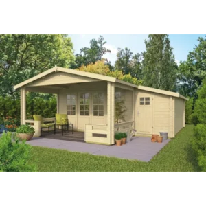 Mobile med side tilbygning Bjælkehytte - 58 mm - 407003N - 20,06 mÂ²