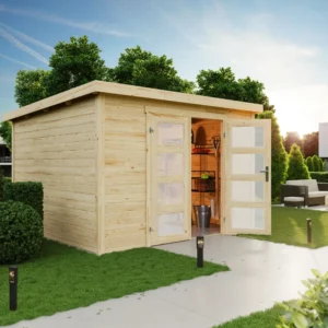 Svendborg havehus med dobbeltdør og fladt tag 8,7m2 Inkl. selvklæbende tagfolie i grå/alu