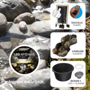 Vandløb med solcellepumpe, LED lys + 90 l. bassin (Donau design)
