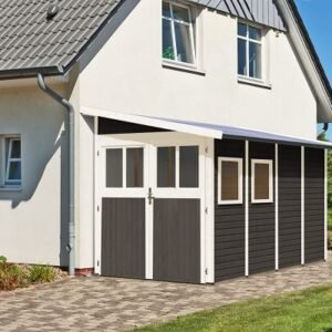 Volstrup model 4 redskabsskur til montage op ad husmur i terra grå på 6,4m2