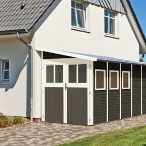 Volstrup model 5 redskabsskur til montage op ad husmur i terra grå på 8m2